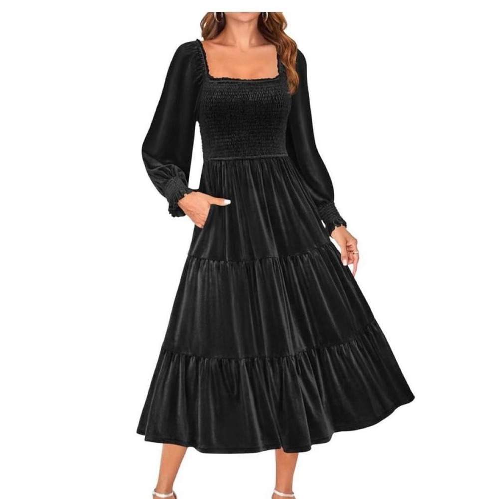 ZESICA Women's Black Velvet Long Sleeve Dresses